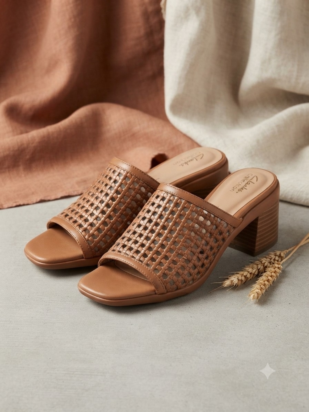 Clarks Woven Leather Block Heel Mules - Brown